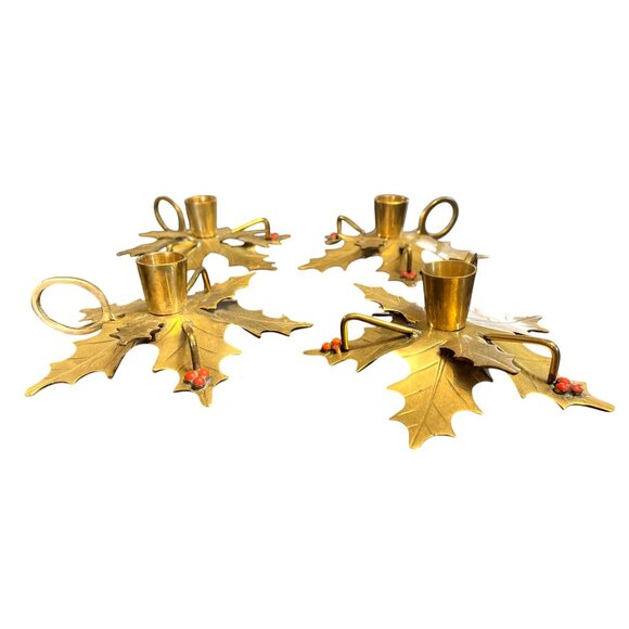 Vtg Brass Holly Berries Chamberstick Candleholder Finger Loop Set of 4 - Picture 3 of 5